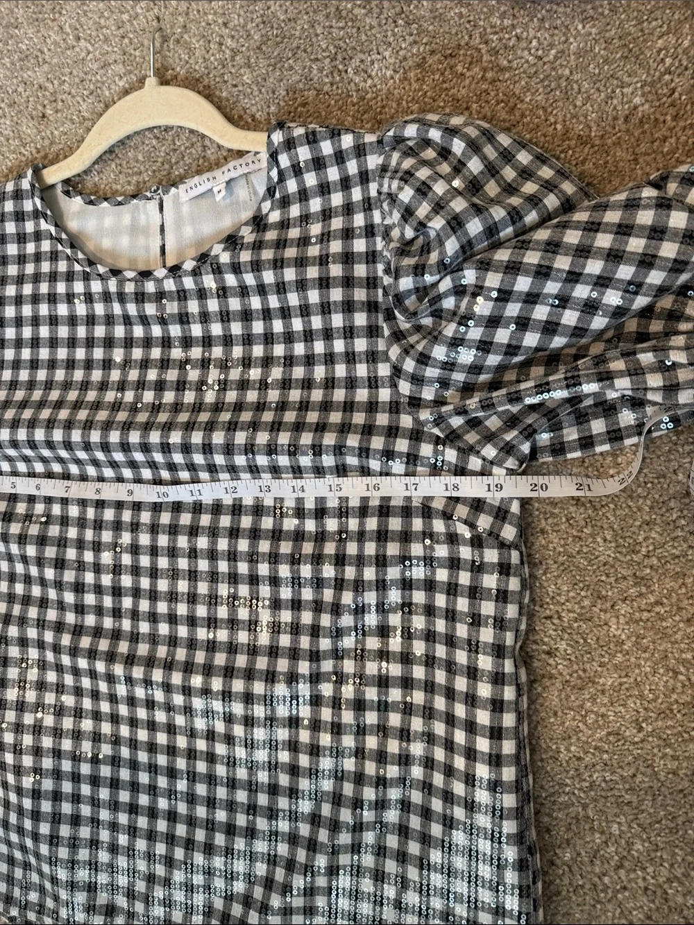 English Factory Black and White Gingham Puff Sleeve Top
